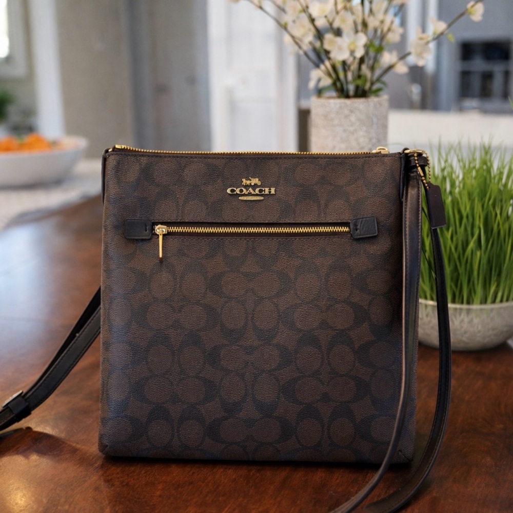 Coach Dark Brown Signature Crossbody with Gold Hardware